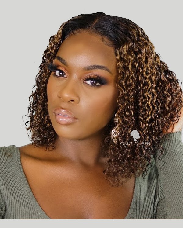 Brown Curly Hair with Balayage Highlight Brazilian Hair Bob Wigs  [BMW34]-omgqueen.com