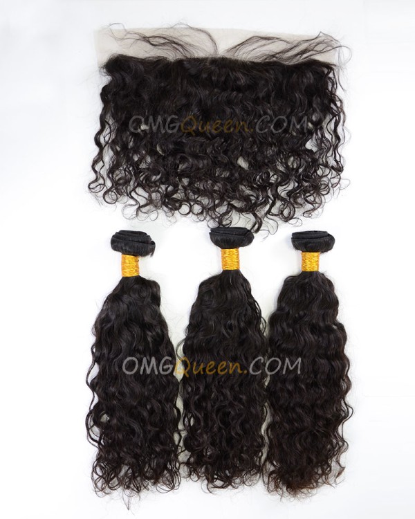 High Quality Indian Virgin Hair Natural Curly Natural Color One Lace  Frontal With 3pcs Hair Weaves [IBC36]