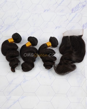 Clearance Natural Color Indian Virgin Hair Loose Wave Bundles and Closure [SD43]