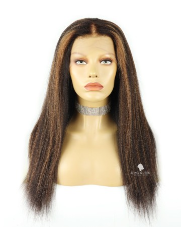 18in Coarse Yaki Straight Brown Highlights Virgin Human Hair Wig [CSW15]