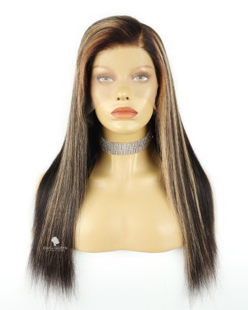 18in Coarse Yaki Straight Brown Highlights Virgin Human Hair Wig [CSW16]