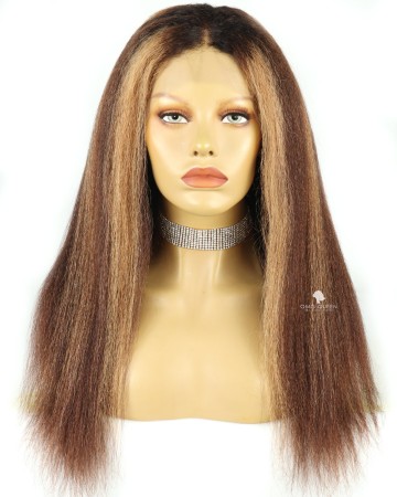 18in Kinky Straight Brown Highlights Virgin Human Hair Wig [CSW19]