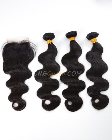 Indian Virgin Hair Body Wave Natural Color One Closure With 3pcs Hair Weaves Natural Color High Quality Hair [IBC12]