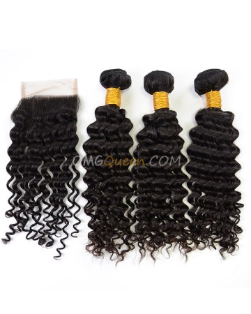 Indian Virgin Hair Natural Color Deep Wave One Closure With 3pcs Hair Weaves High Quality Hair [IBC18]