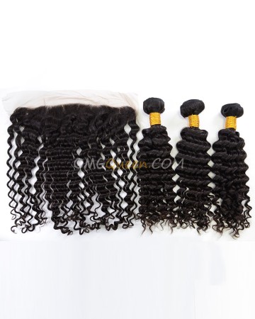 Indian Virgin Hair High Quality Deep Wave Natural Color One Lace Frontal With 3pcs Hair Weaves [IBC34]