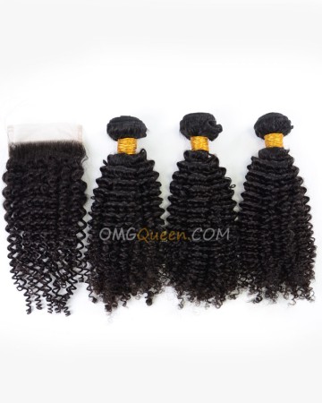 Kinky Curl Natural Color Indian Virgin Hair One Closure With 3pcs Hair Weaves High Quality Hair [IBC14]