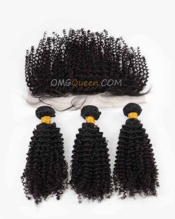 High Quality Indian Virgin Hair Kinky Curl Natural Color One Lace Frontal With 3pcs Hair Weaves [IBC37]
