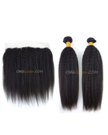 Kinky Straight High Quality Natural Color Hair One Lace Frontal With 2pcs Hair Weaves Indian Virgin Hair [IBC39]