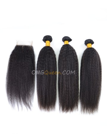 Indian Virgin Hair Kinky Straight Natural Color One Closure With 3pcs Hair Weaves High Quality Hair [IBC15]