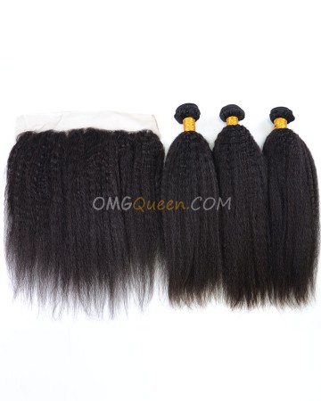 Kinky Straight High Quality Indian Virgin Hair Natural Color One Lace Frontal With 3pcs Hair Weaves [IBC38]