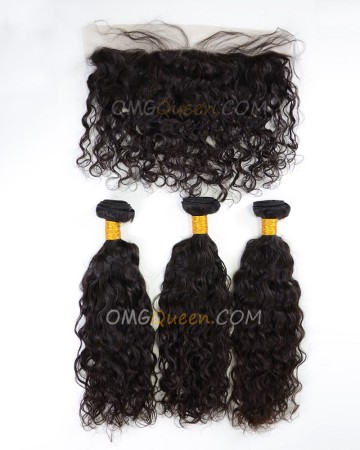 High Quality Indian Virgin Hair Natural Curly Natural Color One Lace Frontal With 3pcs Hair Weaves [IBC36]