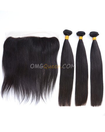 Natural Color One Lace Frontal With 3pcs Hair Weaves Indian Virgin Hair Silky Straight High Quality Hair [IBC31]