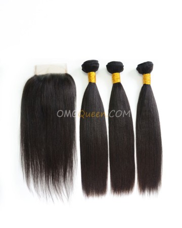 Indian Virgin Hair Yaki Straight Natural Color One Closure With 3pcs Hair Weaves High Quality Hair [IBC16]