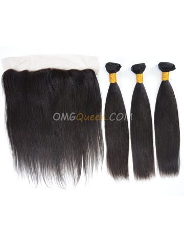 Indian Virgin Hair High Quality Yaki Straight Natural Color One Lace Frontal With 3pcs Hair Weaves [IBC33]