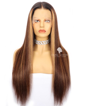20in Silky Straight Brown Highlights Lace Front Wig Virgin Human Hair [CW12]