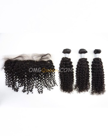Virgin Brazilian Hair Curly Wave One Lace Frontal With 3pcs Hair Weaves Natural Color Unprocessed Hair [BBC37]