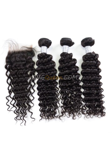 Virgin Brazilian Hair Natural Color Deep Wave One Closure With 3pcs Hair Weaves Unprocessed Hair  [BBC18]