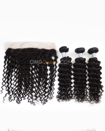 Deep Wave One Lace Frontal With 3pcs Hair Weaves Virgin Brazilian Hair Natural Color Unprocessed Hair [BBC36]