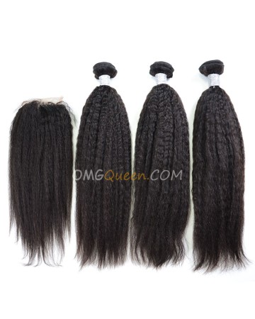 Virgin Brazilian Hair Kinky Straight Natural Color One Closure With 3pcs Hair Weaves Unprocessed Hair  [BBC15]