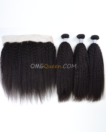 Virgin Brazilian Hair Kinky Straight One Lace Frontal With 3pcs Hair Weaves Natural Color Unprocessed Hair [BBC39]