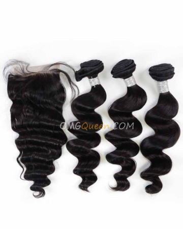 Natural Color Virgin Brazilian Hair Loose Wave One Closure With 3pcs Hair Weaves Unprocessed Hair  [BBC13]