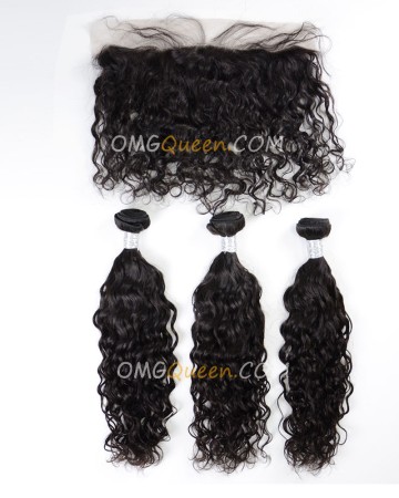 Natural Curly Unprocessed One Lace Frontal With 3pcs Hair Weaves Virgin Brazilian Hair Natural Color [BBC35]