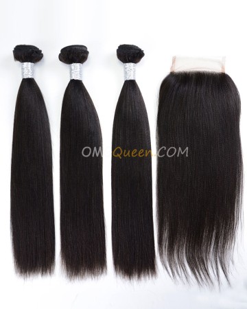 Natural Color Virgin Brazilian Hair Yaki Straight One Closure With 3pcs Hair Weaves Unprocessed Hair  [BBC16]