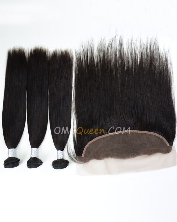 Unprocessed Yaki Straight One Lace Frontal With 3pcs Hair Weaves Virgin Brazilian Hair Natural Color [BBC34]