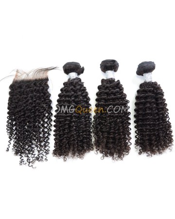 Virgin Brazilian Hair Natural Color Kinky Curl One Closure With 3pcs Hair Weaves Unprocessed Hair  [BBC14]