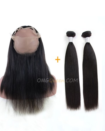Yaki Straight One Pre-plucked 360 Lace Frontal With 2pcs Hair Weaves Bundle Deal Virgin Brazilian Hair [BBF05]