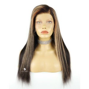 18in Coarse Yaki Straight Brown Highlights Virgin Human Hair Wig [CSW16]