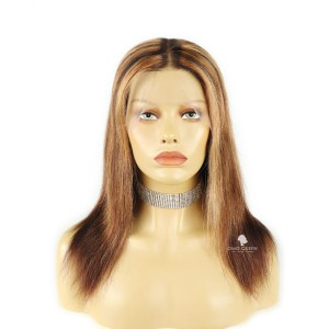 12in Yaki Straight Brown Highlights Virgin Human Hair Wig [CSW14]