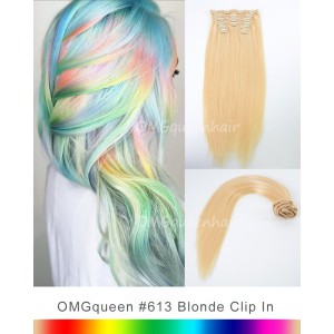 High Quality #613 White Blonde Clip In Indian Virgin Hair Extensions DIY DYE Color [ICP01]