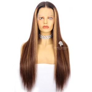 Straight Brown Blonde Highlights Lace Front Wig Virgin Human Hair [BLW12]