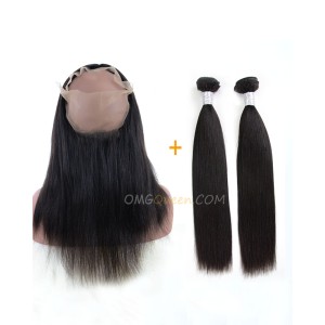 Yaki Straight One Pre-plucked 360 Lace Frontal With 2pcs Hair Weaves Bundle Deal Virgin Brazilian Hair [BBF05]